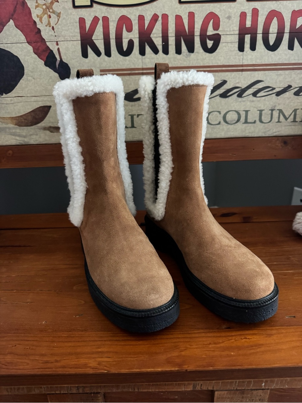 Women’s Tan Suede Shearling-Trim Winter Boots
